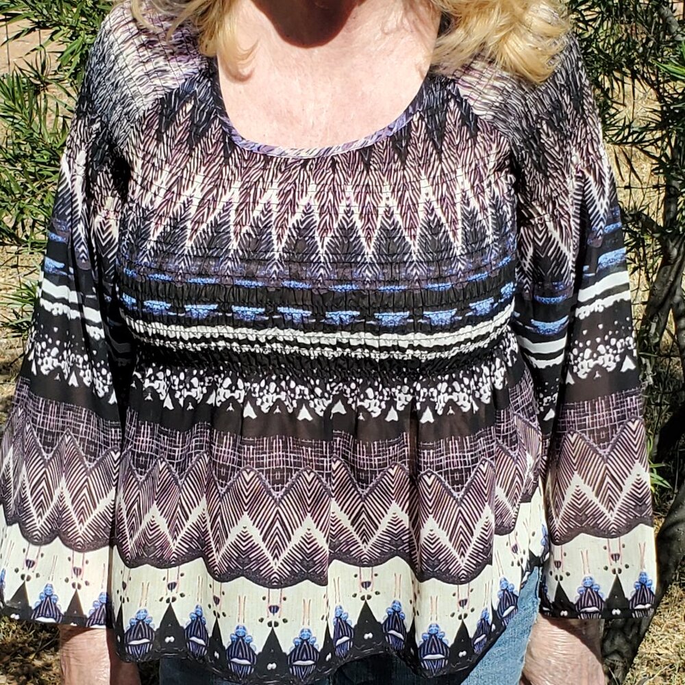 A Patrons of Peace Peasant Blouse, with shirred bodice, Size Small